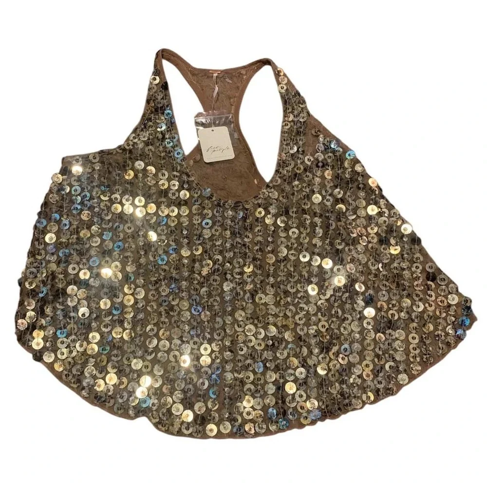 Free People All That Glitters Tank Women M Gold Sequin Mesh Racerback OB1760325